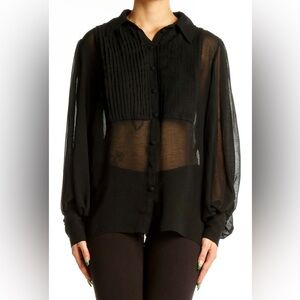 Black Sheer Pleated Button-Up‎ Blouse-XS